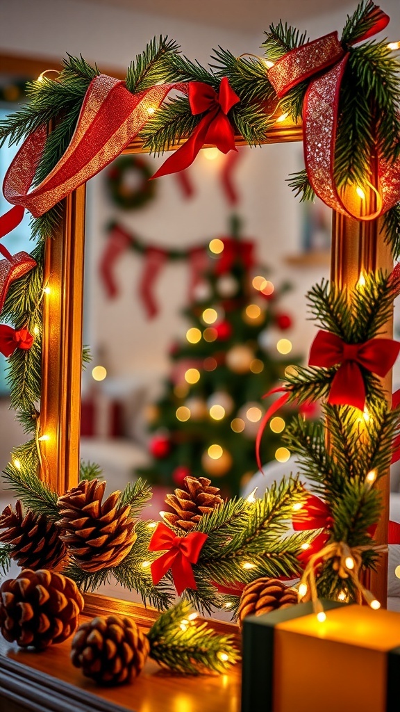 A decorative Christmas frame with pinecones and ribbons, holding a holiday photo, surrounded by fairy lights.